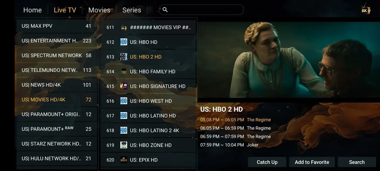 4K IPTV USA player screen with content categories 1