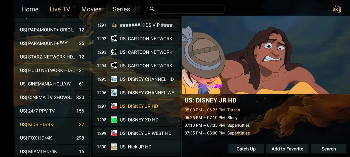 IPTV app interface showing live channel navigation 2