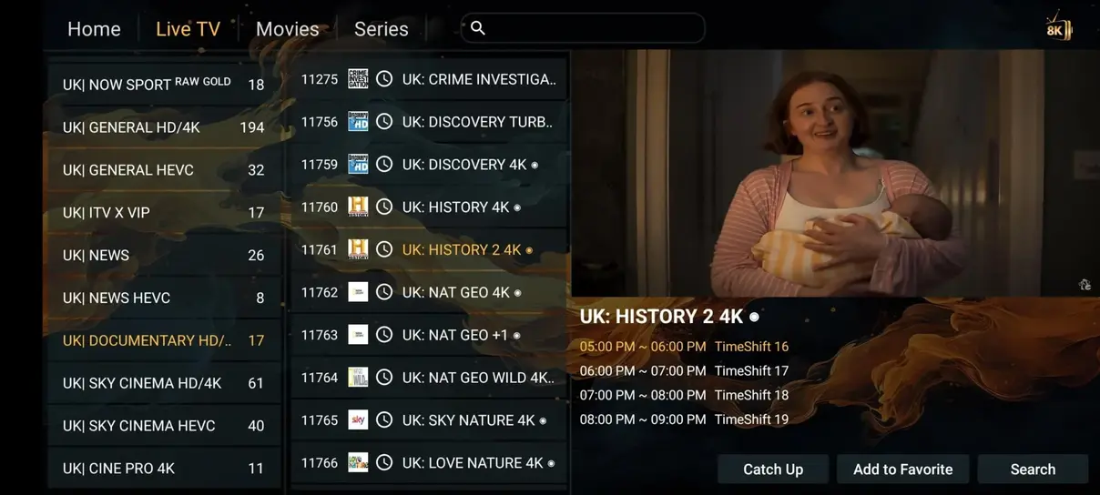IPTV app interface showing live channel navigation 7